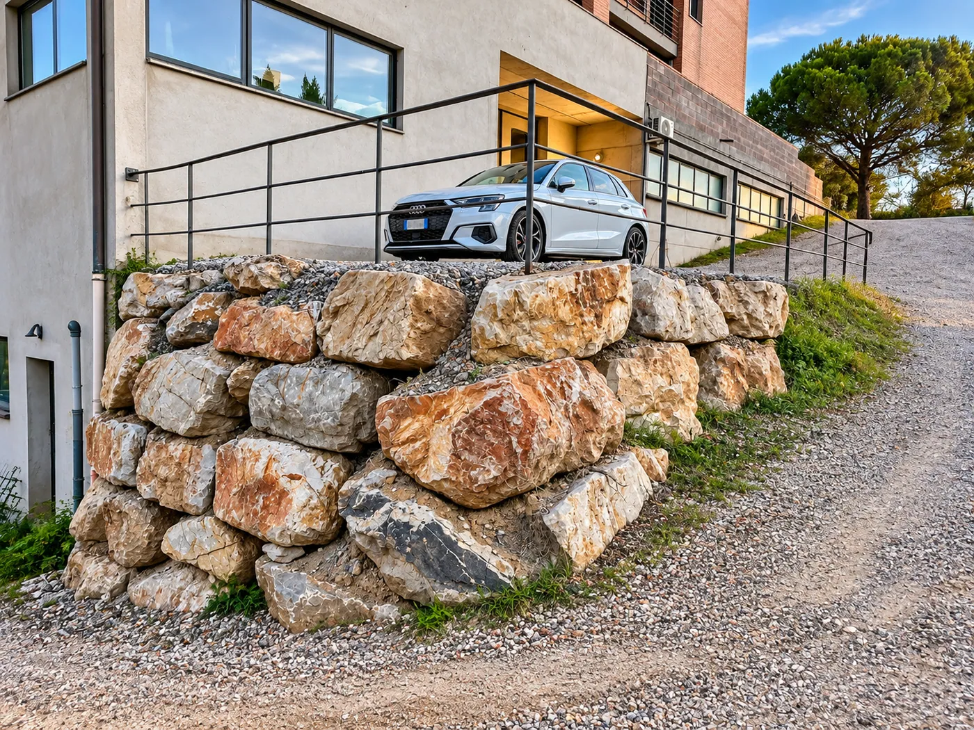 Realizzazione di scogliera a secco con massi naturali per il contenimento e la sistemazione del terreno in pendenza.  L’intervento ha permesso di sostenere il dislivello e regolarizzare la scarpata, creando al tempo stesso una soluzione solida e ben integrata nel contesto esterno dell’abitazione. La posa dei massi è stata eseguita curandone disposizione e incastro, così da ottenere un’opera funzionale e dall’aspetto naturale.  Ideale per: contenimento di scarpate, sistemazioni di terreni in pendenza, giardini, accessi e aree esterne.